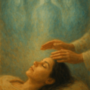 woman receiving Reiki with non-physical beings in the background