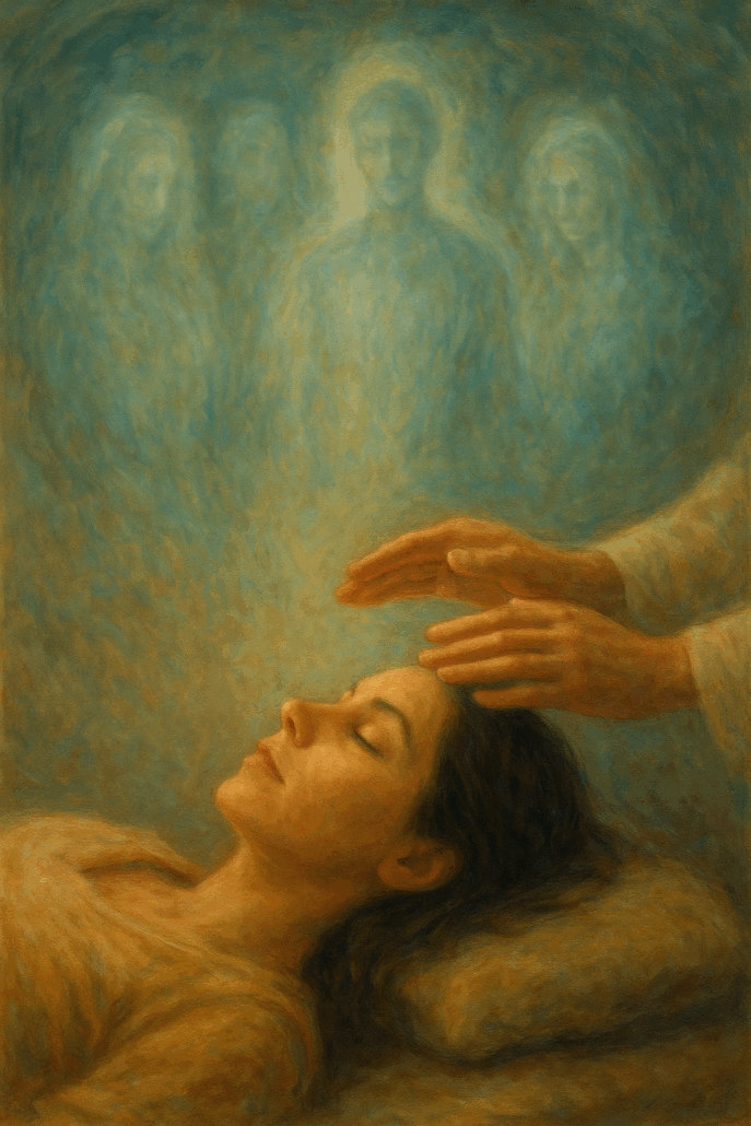 woman receiving Reiki with non-physical beings in the background